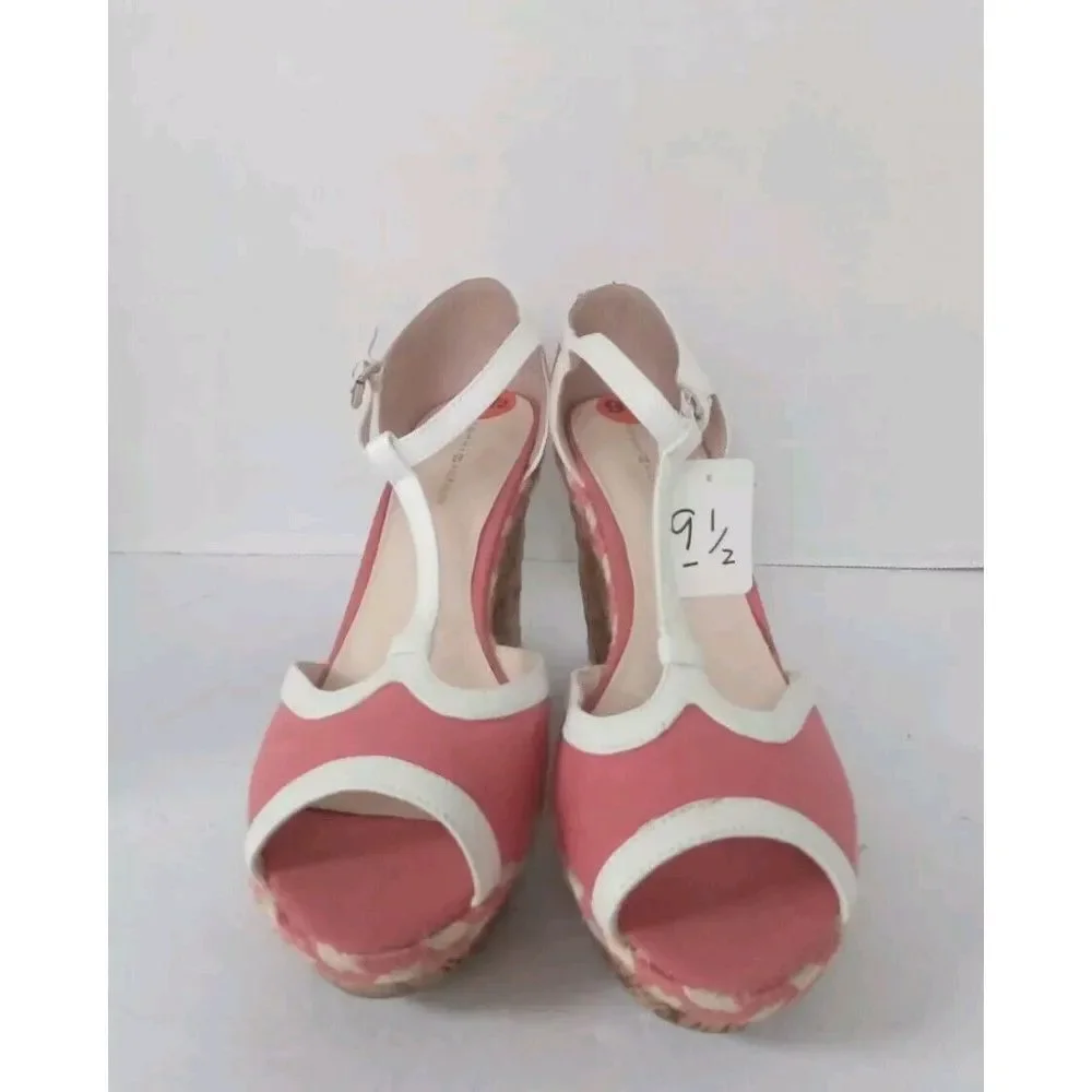 Retro Coral Pink White T-Strap Cork Wedge Sandal Peep Toe Summer‎ Shoes Size 9.5